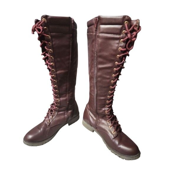 Combat Boots Buckle Casual PU-Leather Riding Fashion Tall Knee High Lace Up - Picture 3 of 7